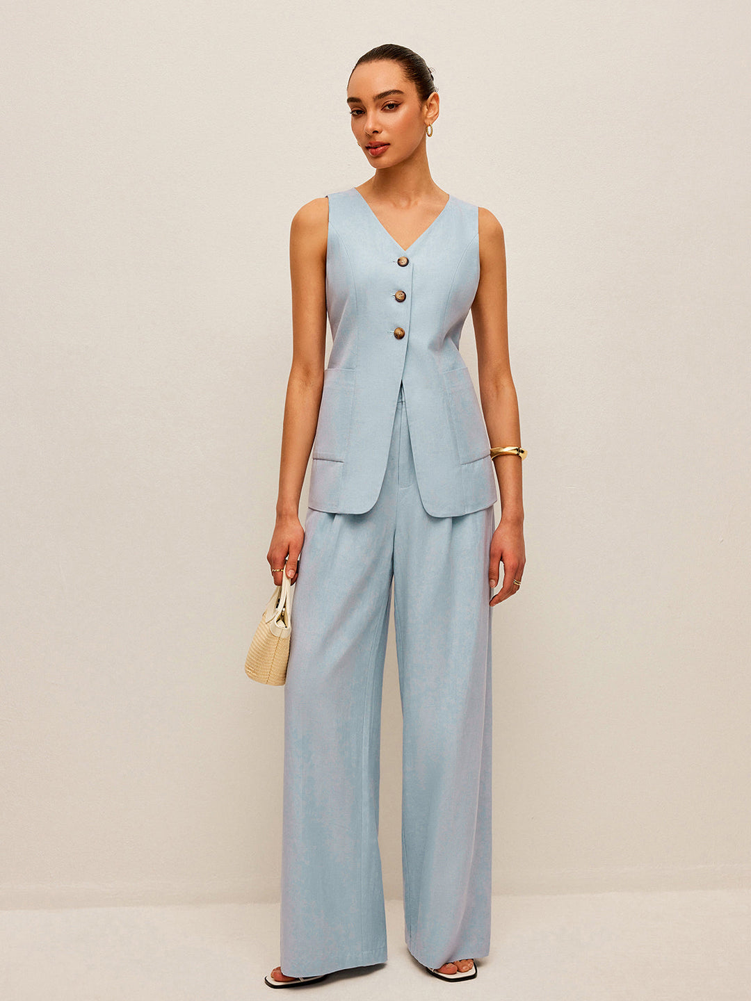 Cotton & Linen Tie-Back Vest With Pants Set  Liora Lane Boutique Pant Sets