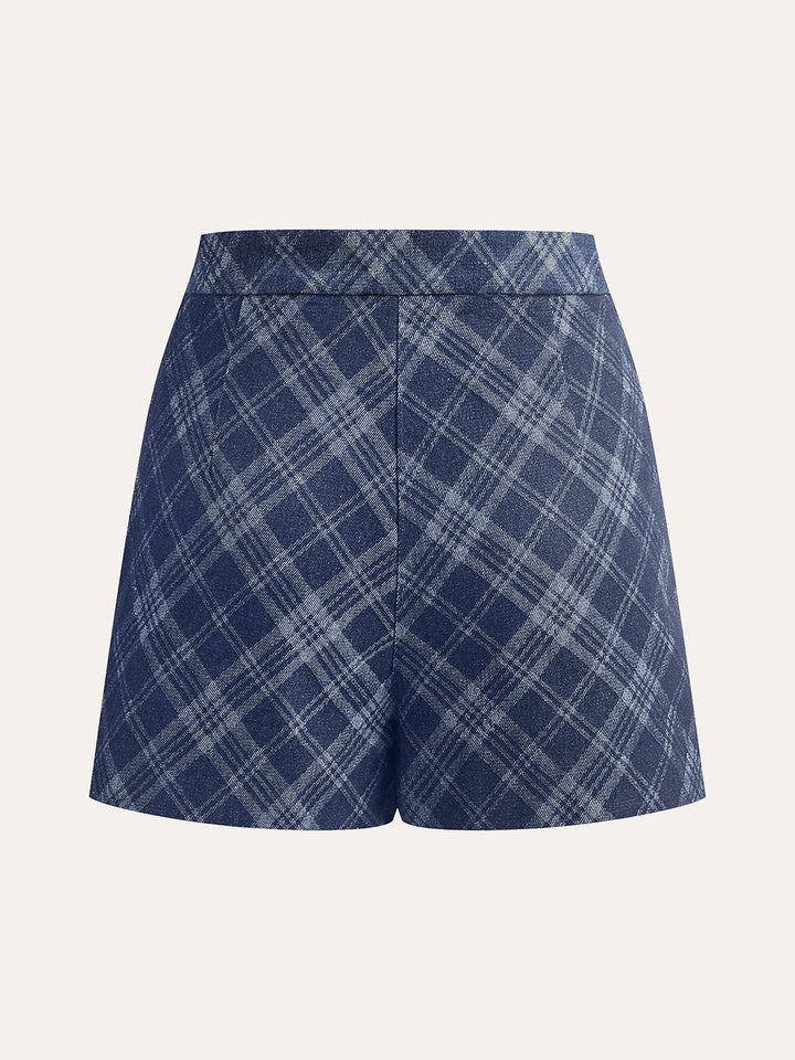 Checkered Print Mid-Waist Denim Short  Liora Lane Boutique Shorts