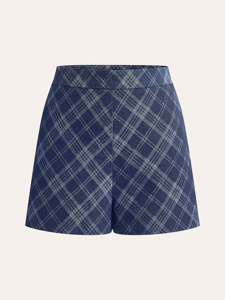 Checkered Print Mid-Waist Denim Short  Liora Lane Boutique Shorts Blue / XL 29.00
