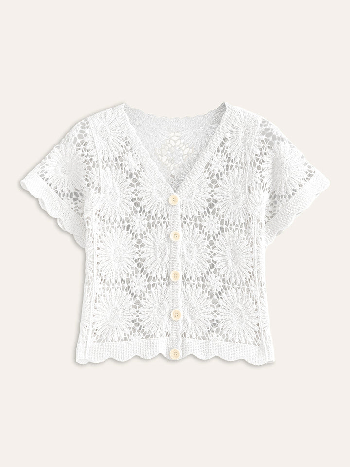 Crochet Floral Button-Front Cardigan  Liora Lane Boutique Cardigans White / M 19.00