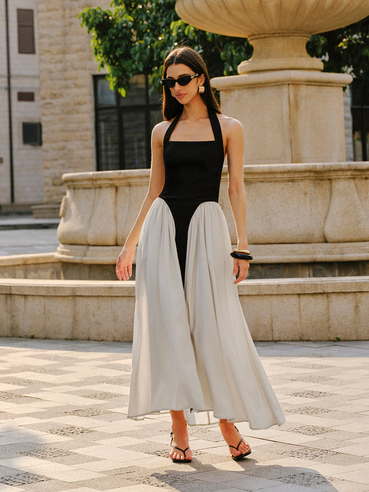 Color Block Halter Neck Linen Blend Dress  Liora Lane Boutique Dresses BlackandWhite / XL 45.00