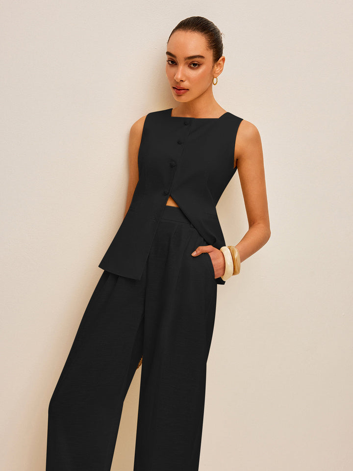 Cotton & Linen Tie-Back Vest With Pockets Pants Set  Liora Lane Boutique Pant Sets Black / XL 177.99