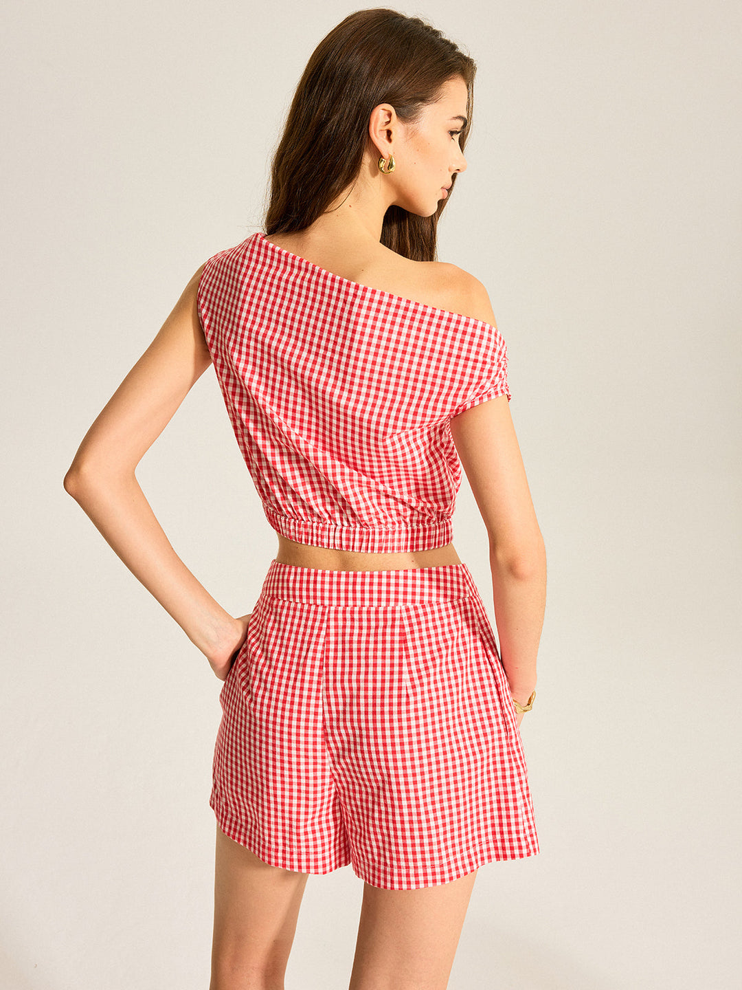 Gingham One-Shoulder Top and Shorts Set  Liora Lane Boutique Short Sets