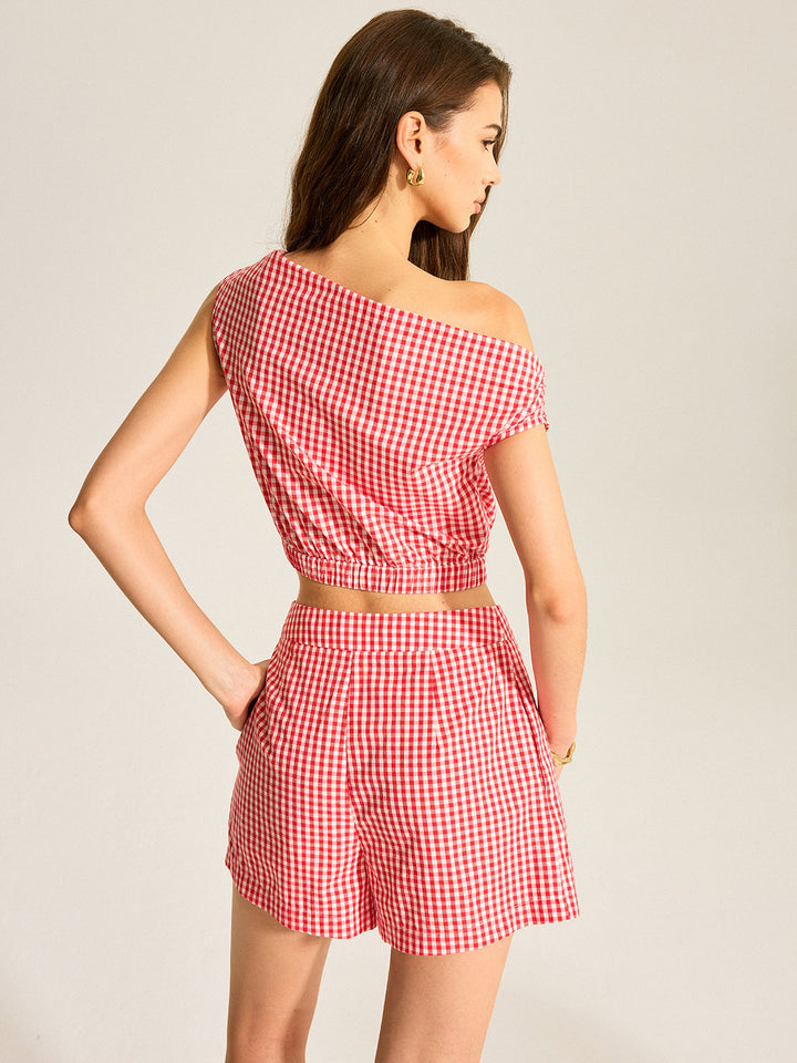 Gingham One-Shoulder Top and Shorts Set  Liora Lane Boutique Short Sets