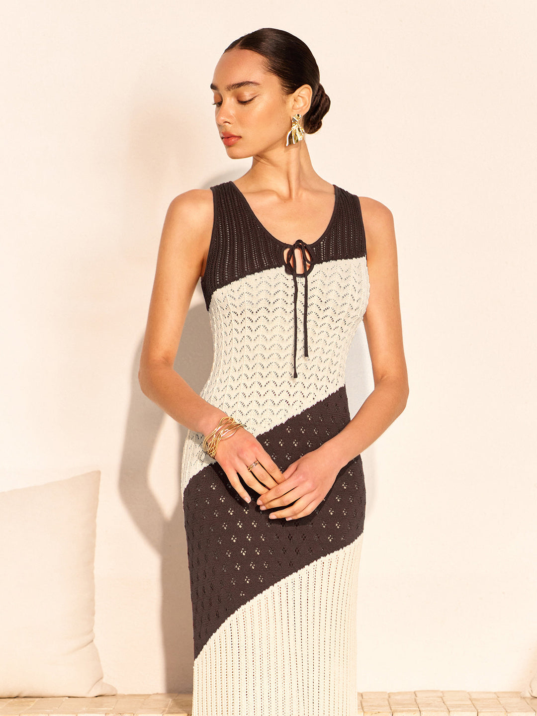 Two-Tone Crochet Front Tie Knit Dress  Liora Lane Boutique Sweater Dresses