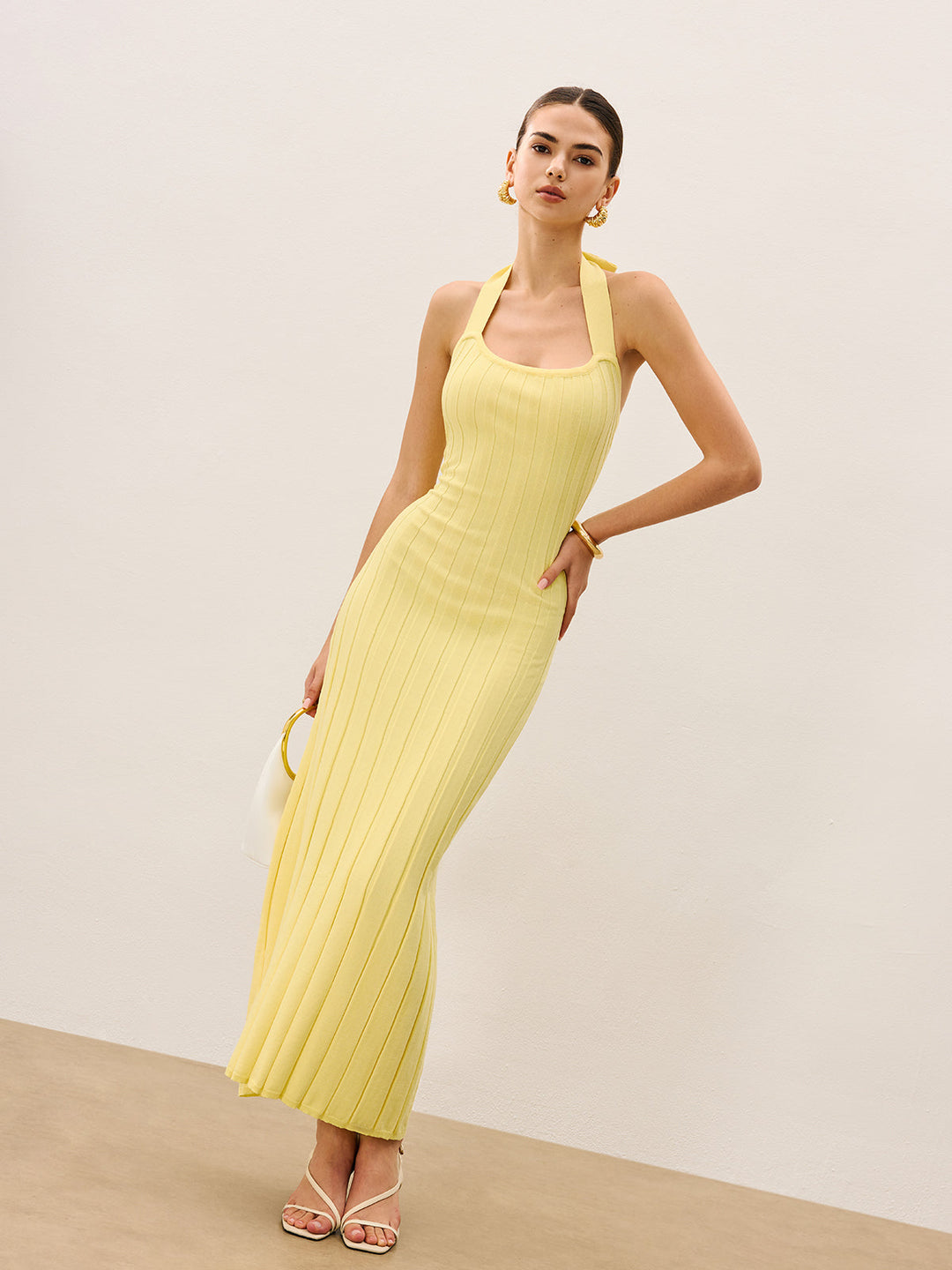 Halter Neck Ribbed Knit Dress  Liora Lane Boutique Sweater Dresses LightYellow / XL 110.99