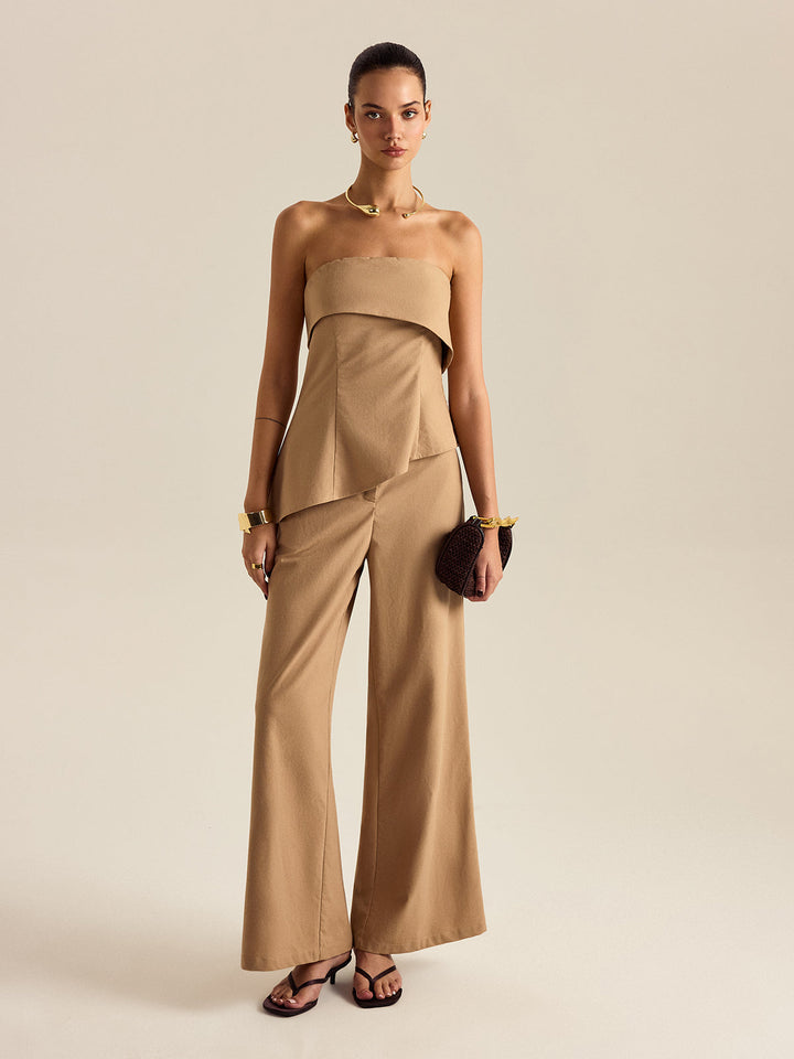 Asymmetrical Strapless Pants Set  Liora Lane Boutique Pant Sets Khaki / XL 147.99