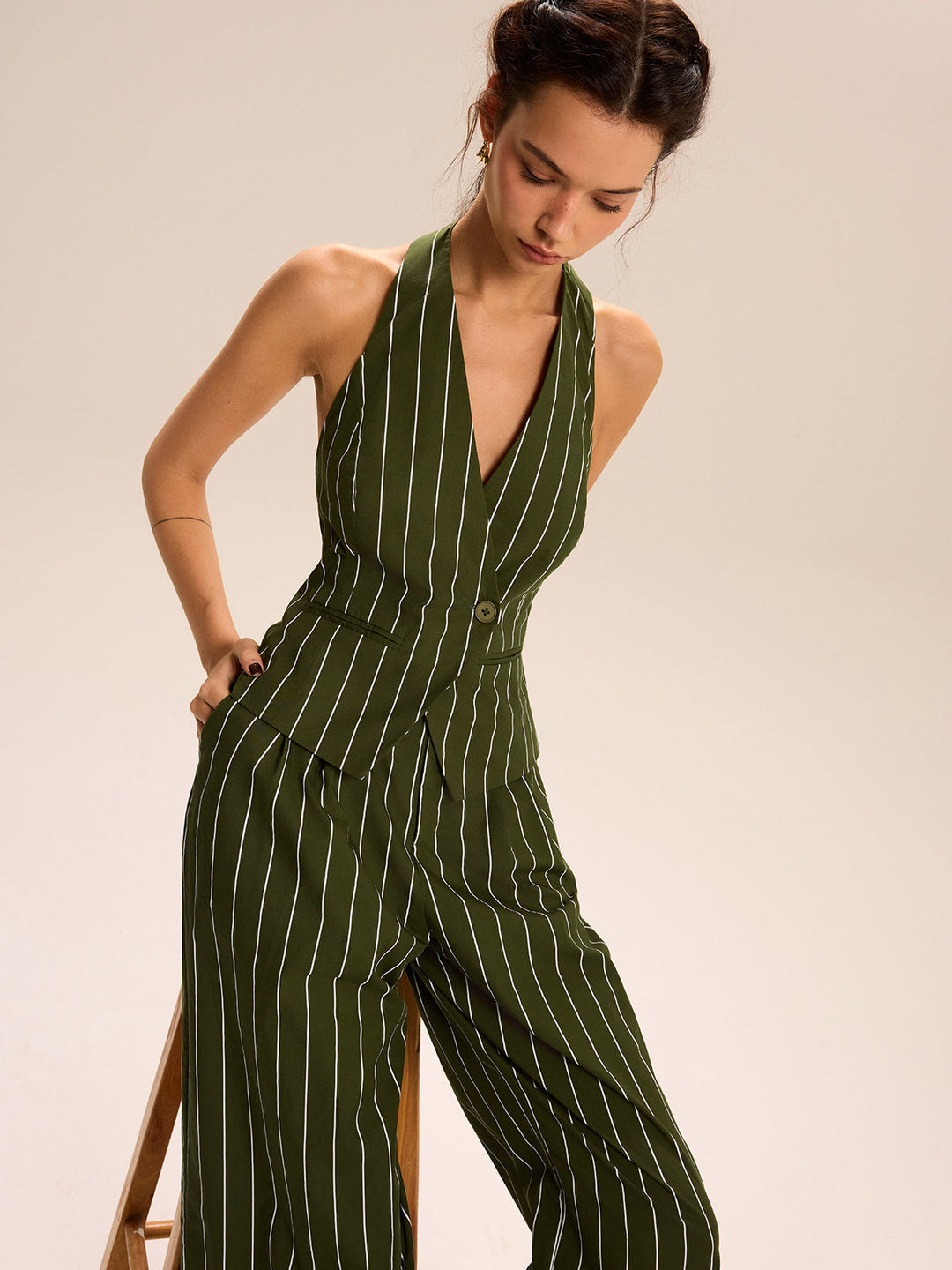 Striped Halter-Neck Vest and Wide-Leg Pants Set  Liora Lane Boutique Pant Sets