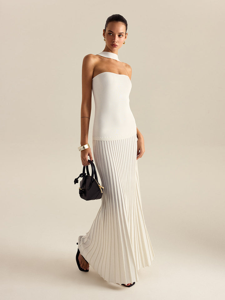 Halterneck Pleated Maxi Dress  Liora Lane Boutique Sweater Dresses White / XL 68.00