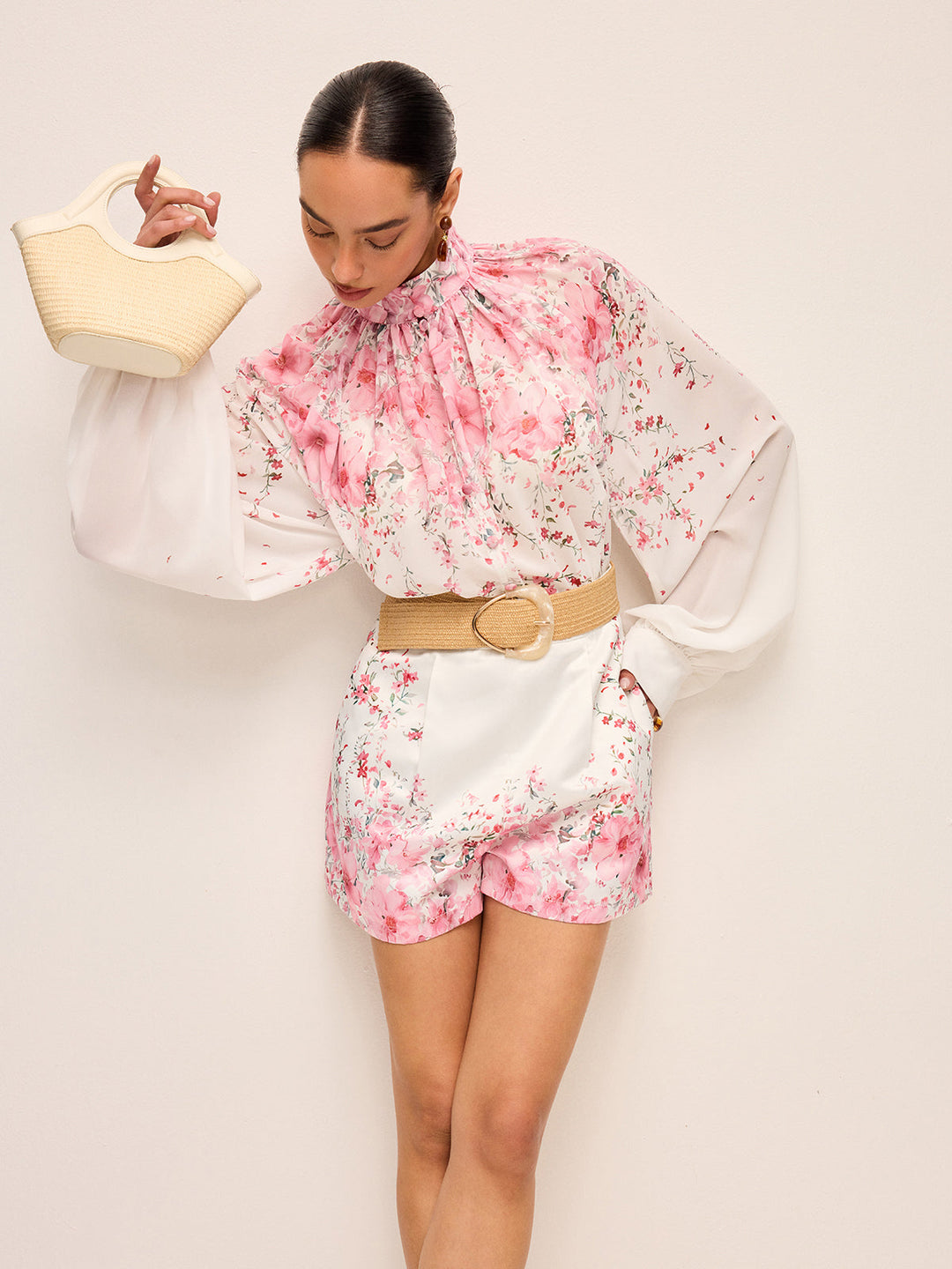 Floral Print Pleated Shorts Set Without Belt  Liora Lane Boutique Short Sets