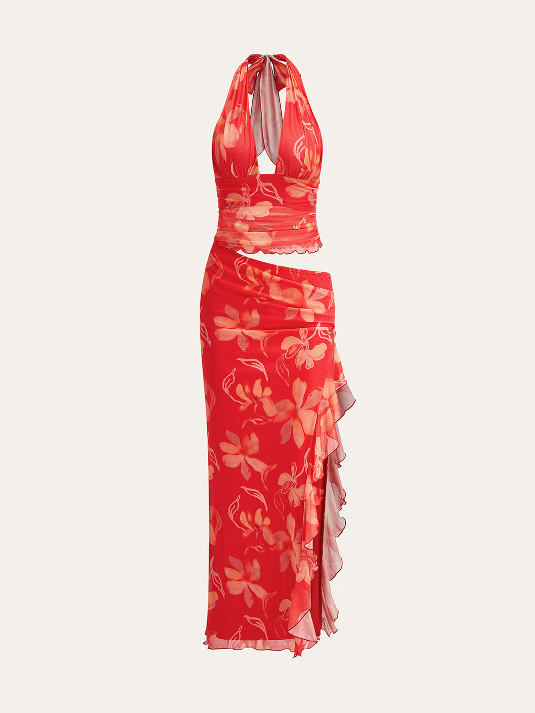 Semi-Sheer Ruffled Floral Halter Dress  Liora Lane Boutique Dresses Red / XL 39.00