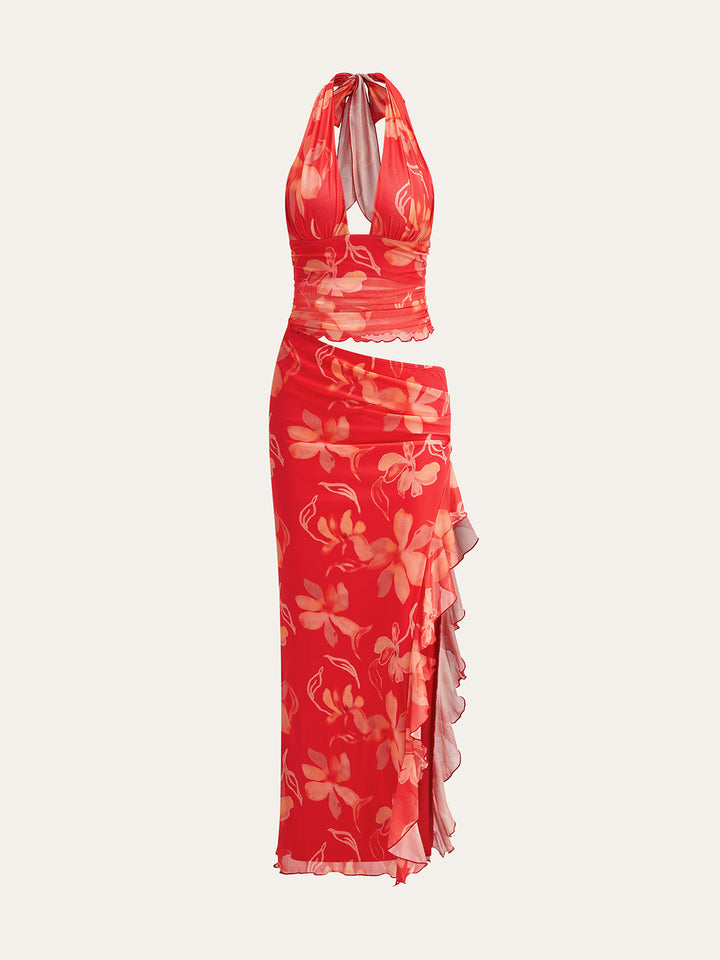 Semi-Sheer Ruffled Floral Halter Dress  Liora Lane Boutique Dresses Red / XL 39.00