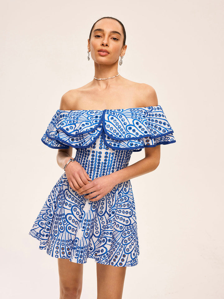 Semi-Sheer Off-Shoulder Ruffled Dress  Liora Lane Boutique Dresses Blue / XL 66.00