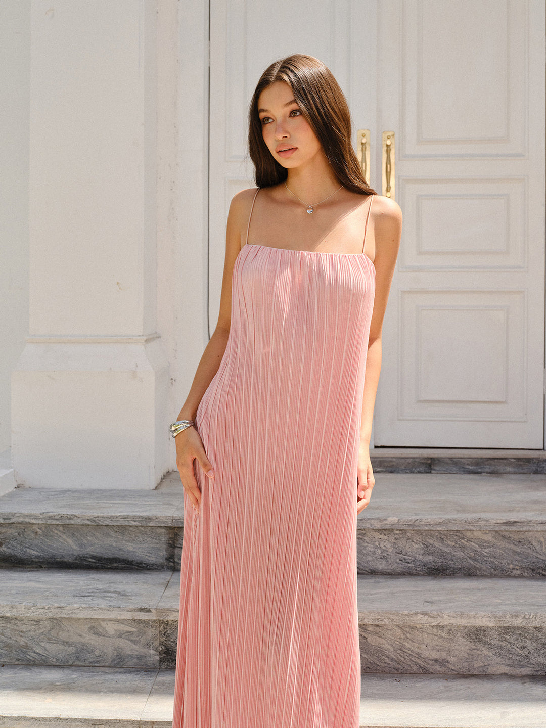 Spaghetti-Strapped Vertical-Pleated Maxi Dress  Liora Lane Boutique Dresses