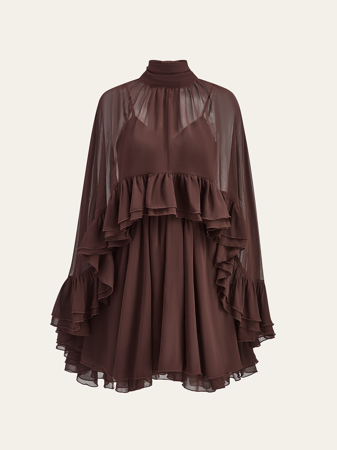 Semi-Sheer Chiffon Ruffle Dress With Outer Cape  Liora Lane Boutique Dresses Dark Brown / XL 74.00