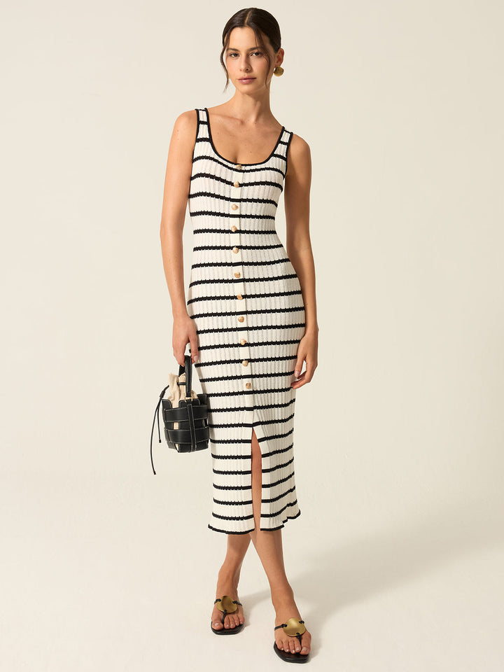 Striped Knit Midi Dress with Front Buttons and Slit Detail  Liora Lane Boutique Sweater Dresses