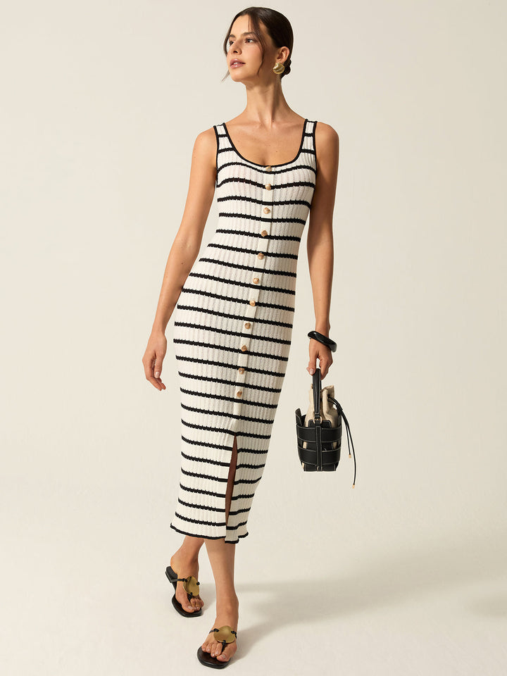 Striped Knit Midi Dress with Front Buttons and Slit Detail  Liora Lane Boutique Sweater Dresses