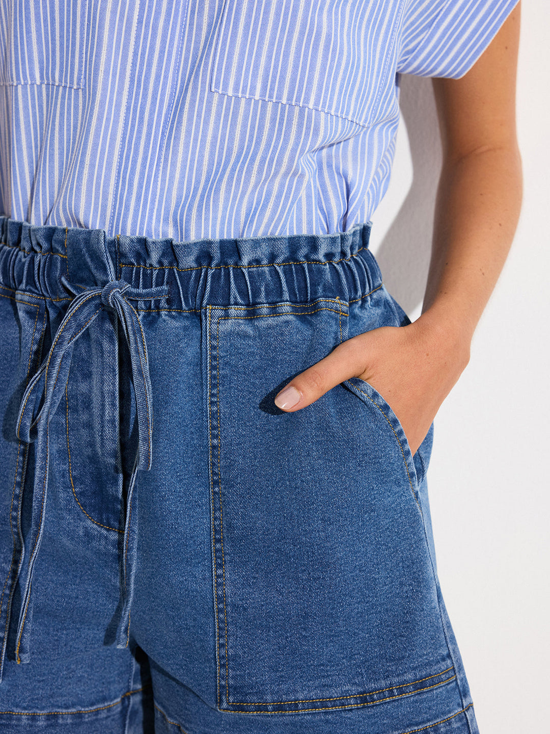 Denim Elastic-Waist Shorts with Drawstring  Liora Lane Boutique Denim Shorts