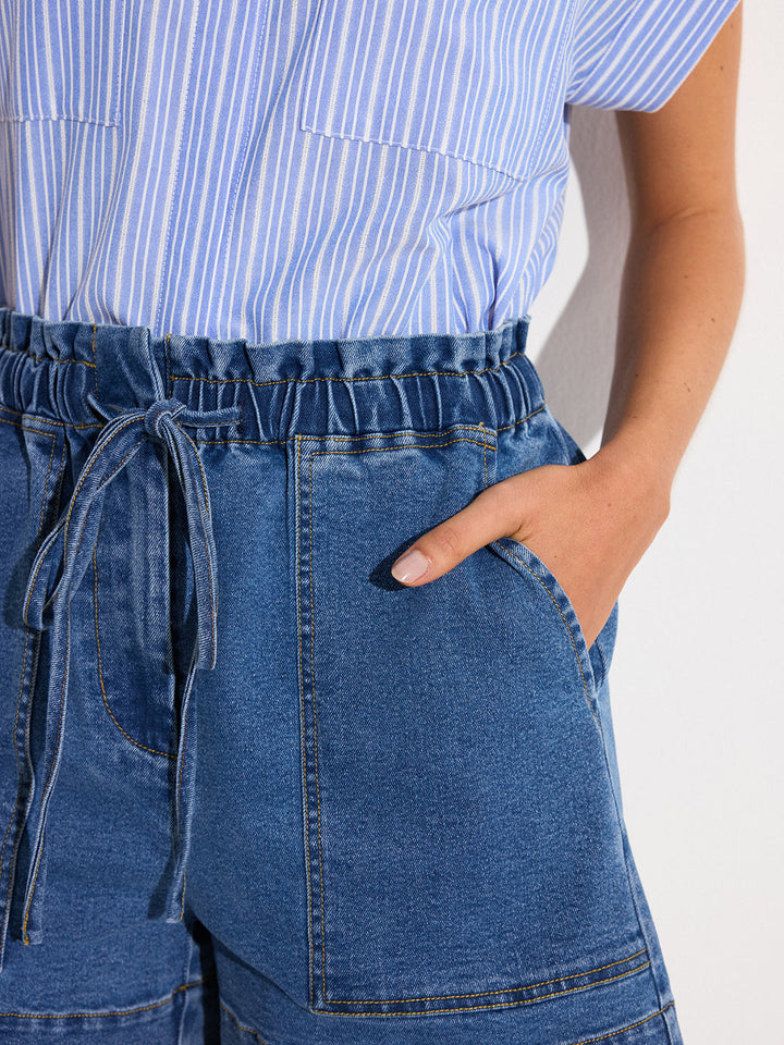 Denim Elastic-Waist Shorts with Drawstring  Liora Lane Boutique Denim Shorts