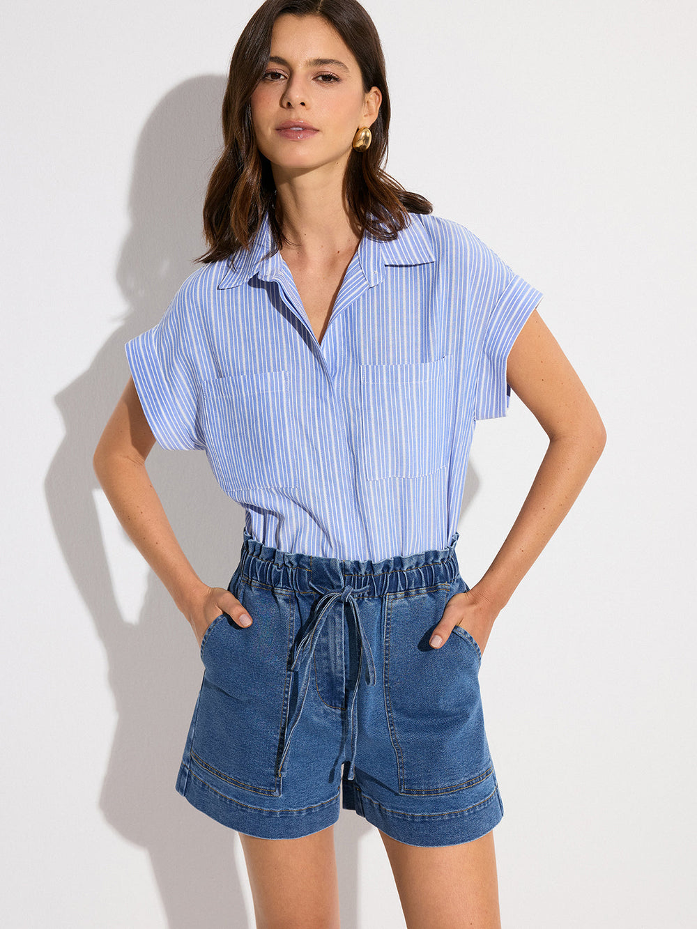 Denim Elastic-Waist Shorts with Drawstring  Liora Lane Boutique Denim Shorts