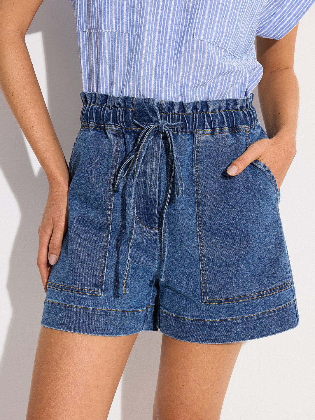 Denim Elastic-Waist Shorts with Drawstring  Liora Lane Boutique Denim Shorts