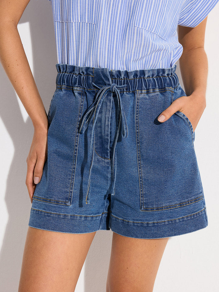 Denim Elastic-Waist Shorts with Drawstring  Liora Lane Boutique Denim Shorts