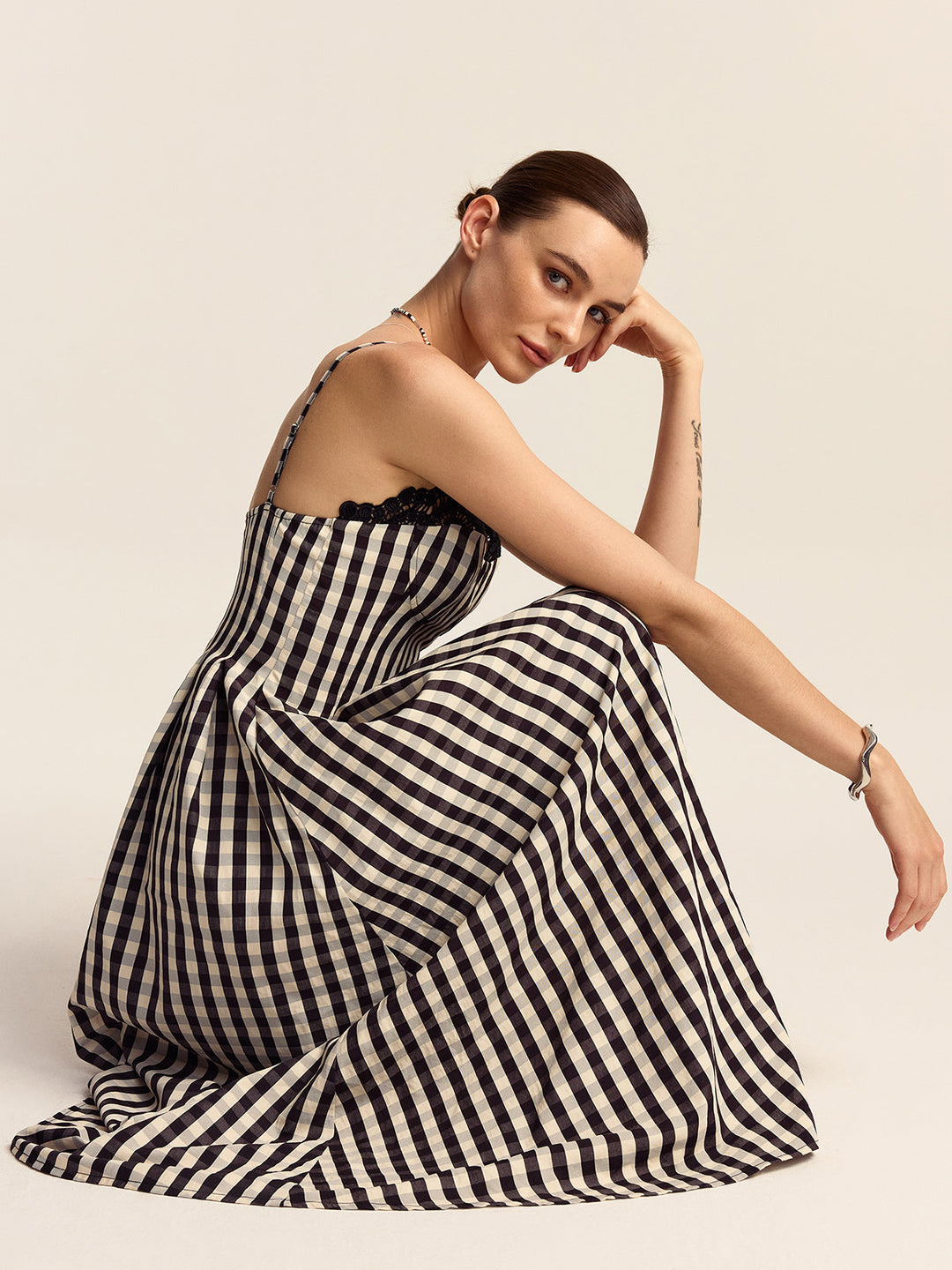 Gingham Spaghetti Strap Midi Dress with Lace Trim  Liora Lane Boutique Dresses