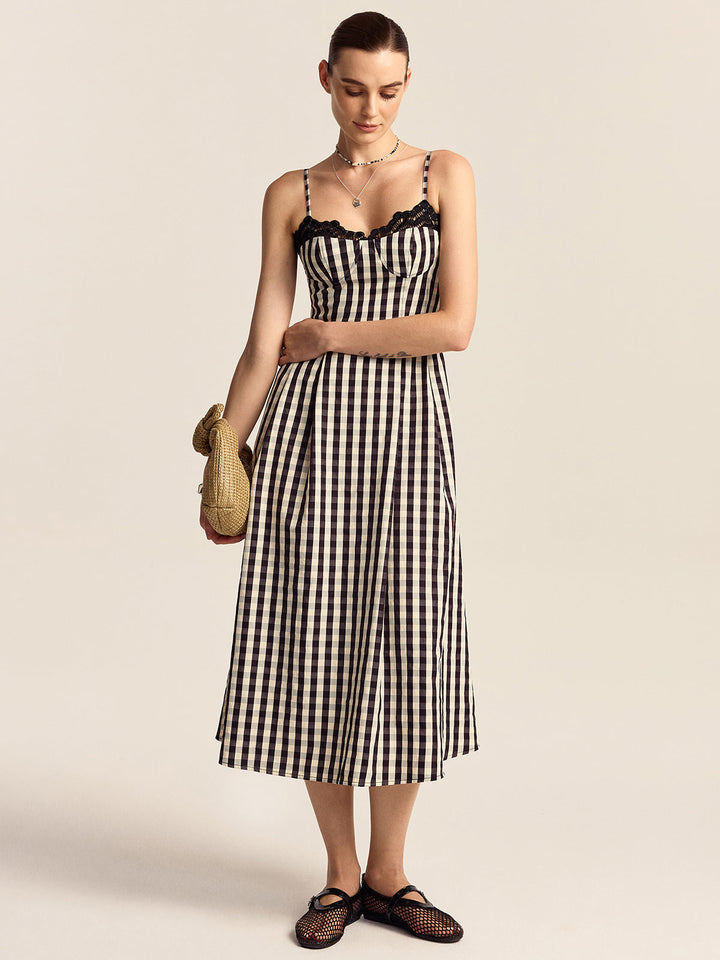 Gingham Spaghetti Strap Midi Dress with Lace Trim  Liora Lane Boutique Dresses BlackandWhite / XL 89.99