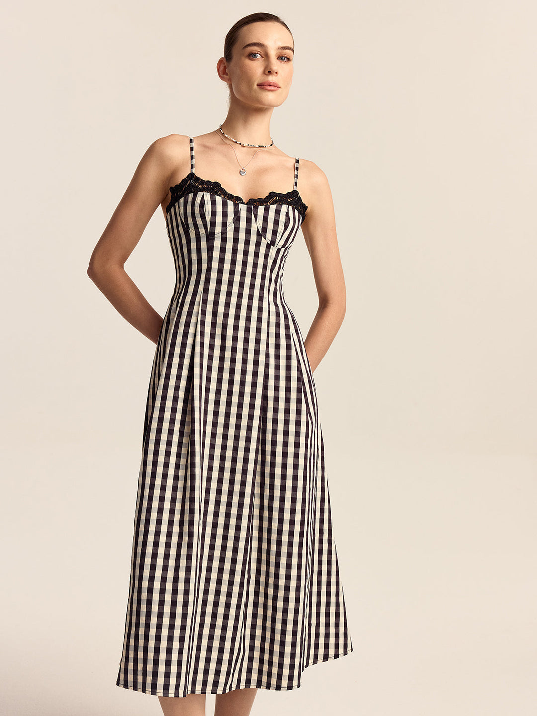 Gingham Spaghetti Strap Midi Dress with Lace Trim  Liora Lane Boutique Dresses