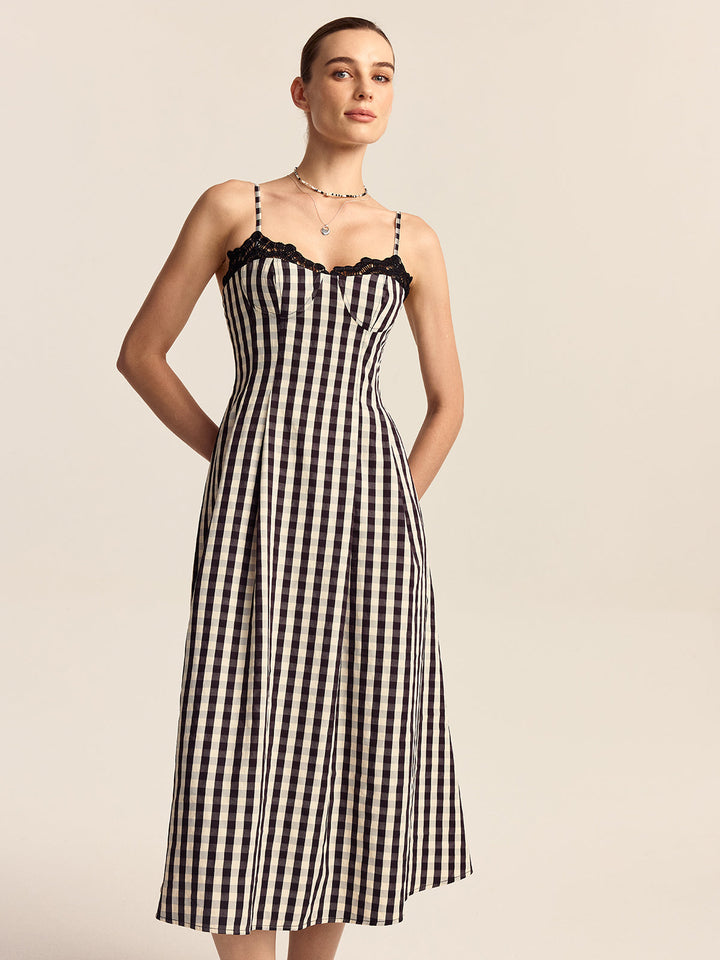 Gingham Spaghetti Strap Midi Dress with Lace Trim  Liora Lane Boutique Dresses