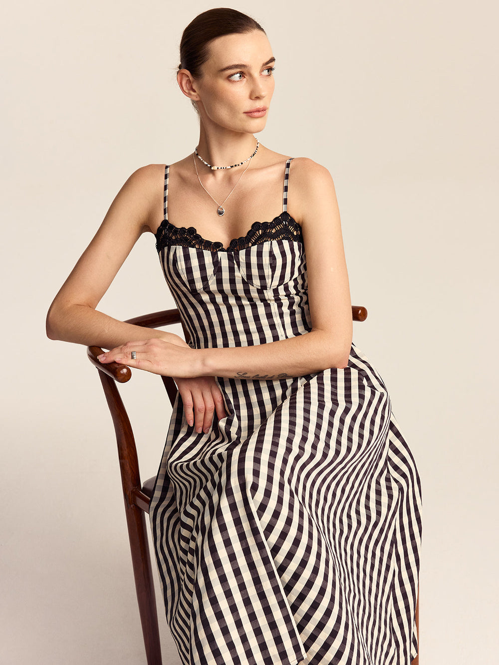 Gingham Spaghetti Strap Midi Dress with Lace Trim  Liora Lane Boutique Dresses