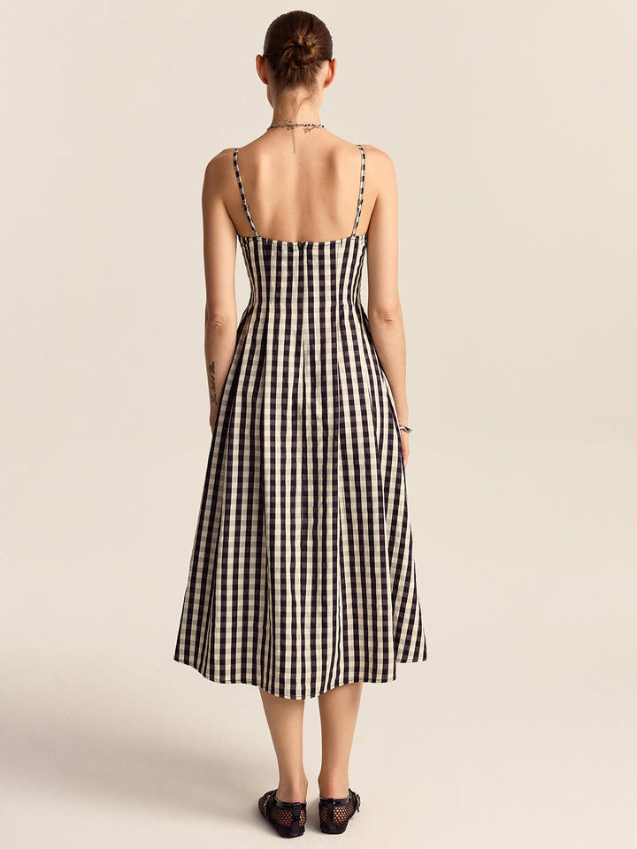 Gingham Spaghetti Strap Midi Dress with Lace Trim  Liora Lane Boutique Dresses