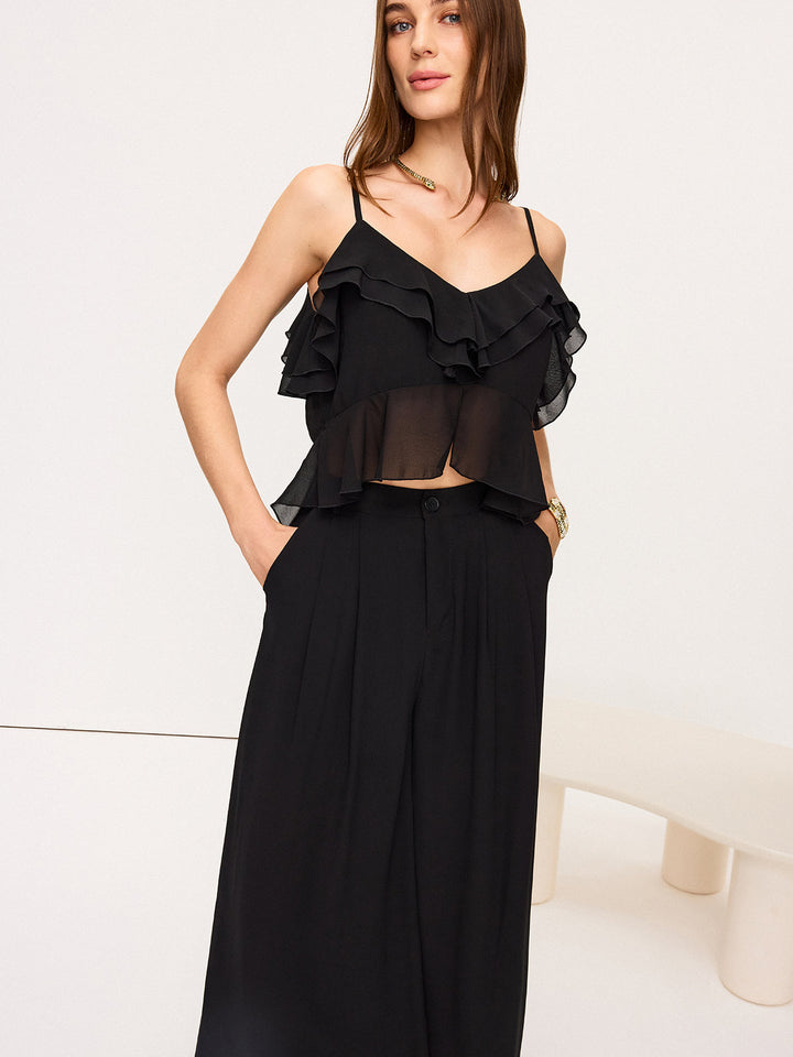 Chiffon Ruffle Top and Wide-Leg Pants Set  Liora Lane Boutique Pant Sets