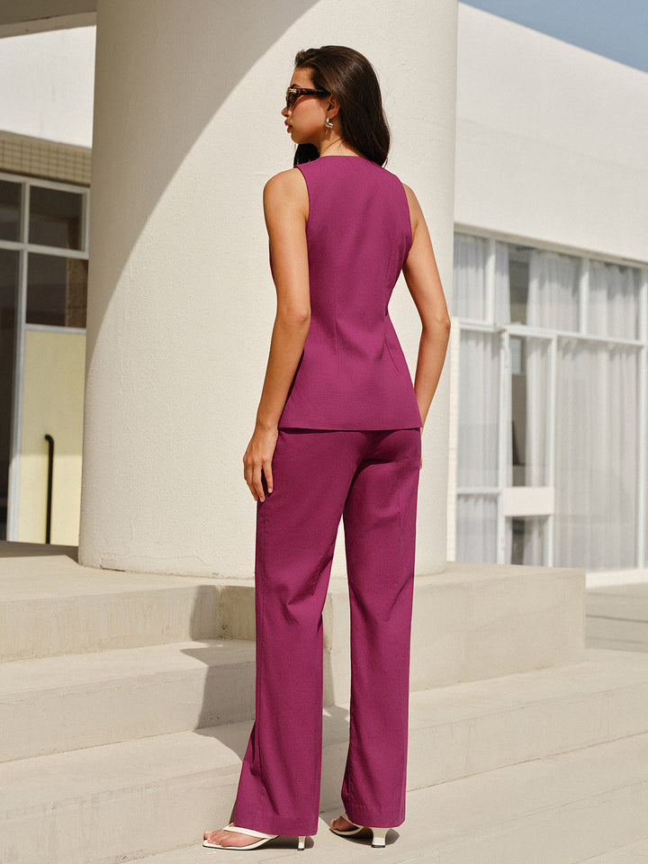 Sleeveless V-Neck Pants Set With Floral Buttons  Liora Lane Boutique Pant Sets