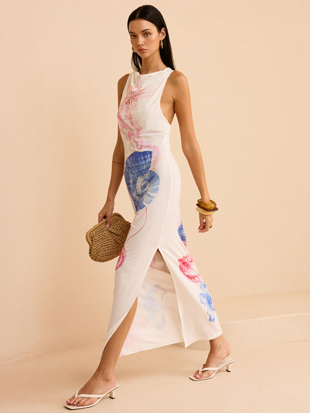 Semi-Sheer Ocean Print Maxi Dress with Slit  Liora Lane Boutique Dresses