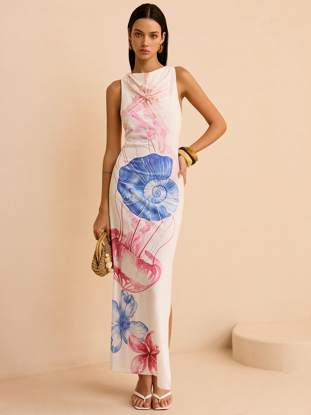 Semi-Sheer Ocean Print Maxi Dress with Slit  Liora Lane Boutique Dresses