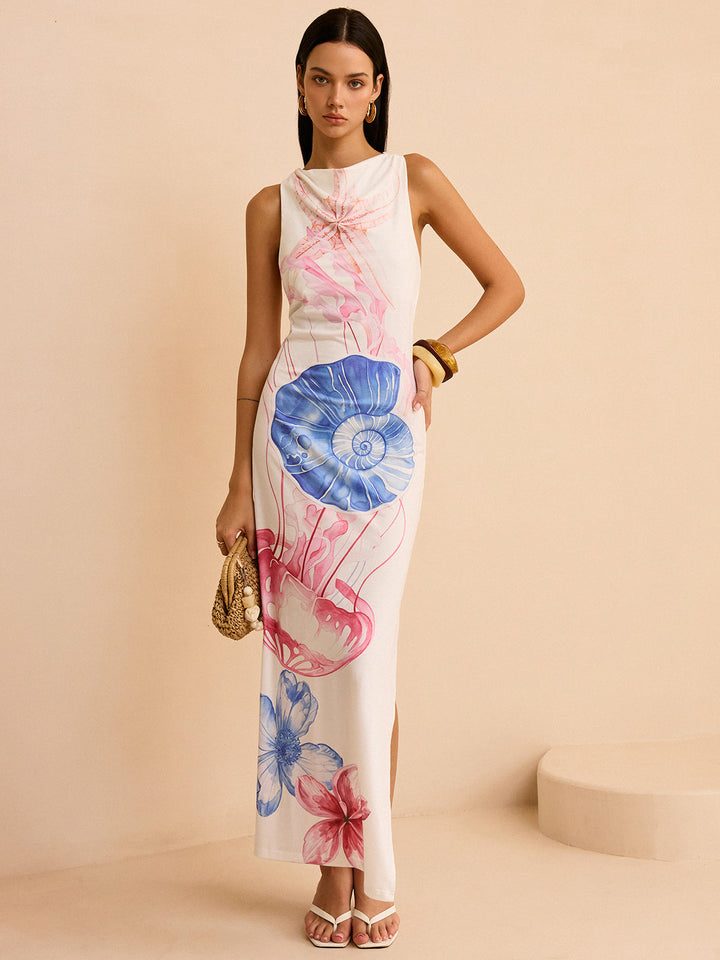 Semi-Sheer Ocean Print Maxi Dress with Slit  Liora Lane Boutique Dresses