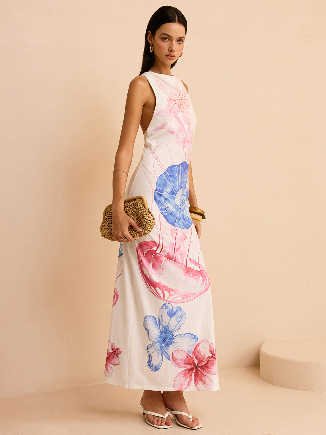 Semi-Sheer Ocean Print Maxi Dress with Slit  Liora Lane Boutique Dresses