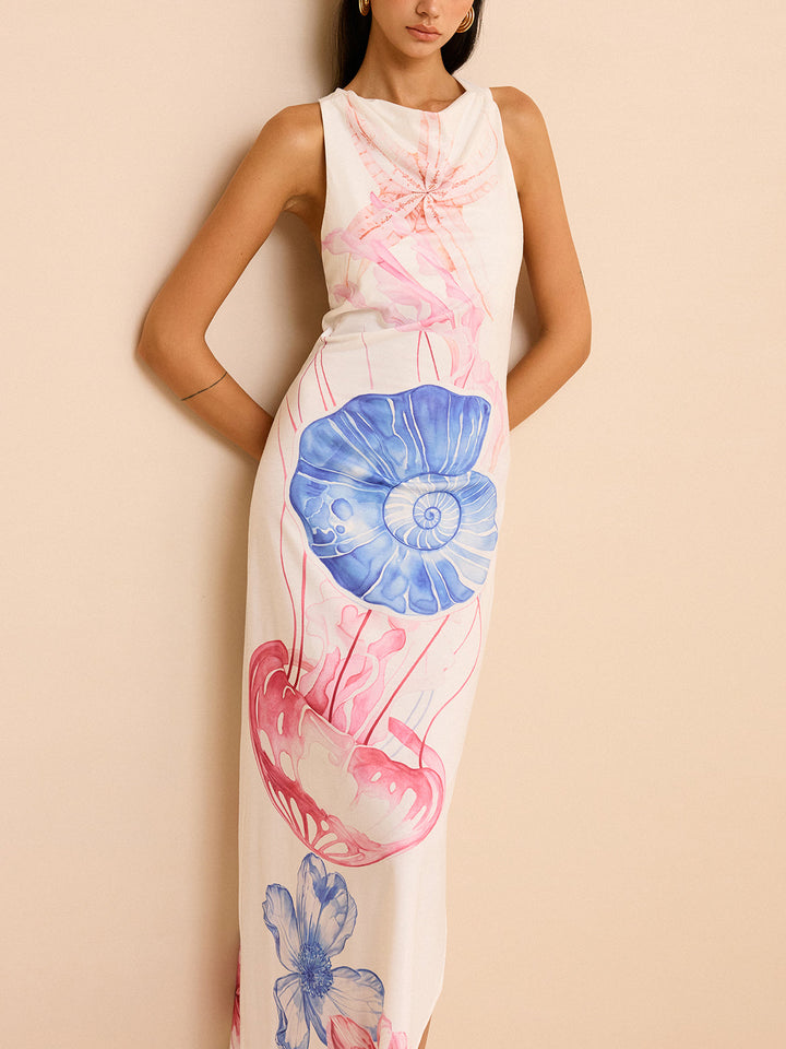 Semi-Sheer Ocean Print Maxi Dress with Slit  Liora Lane Boutique Dresses Multicolor / XL 29.00