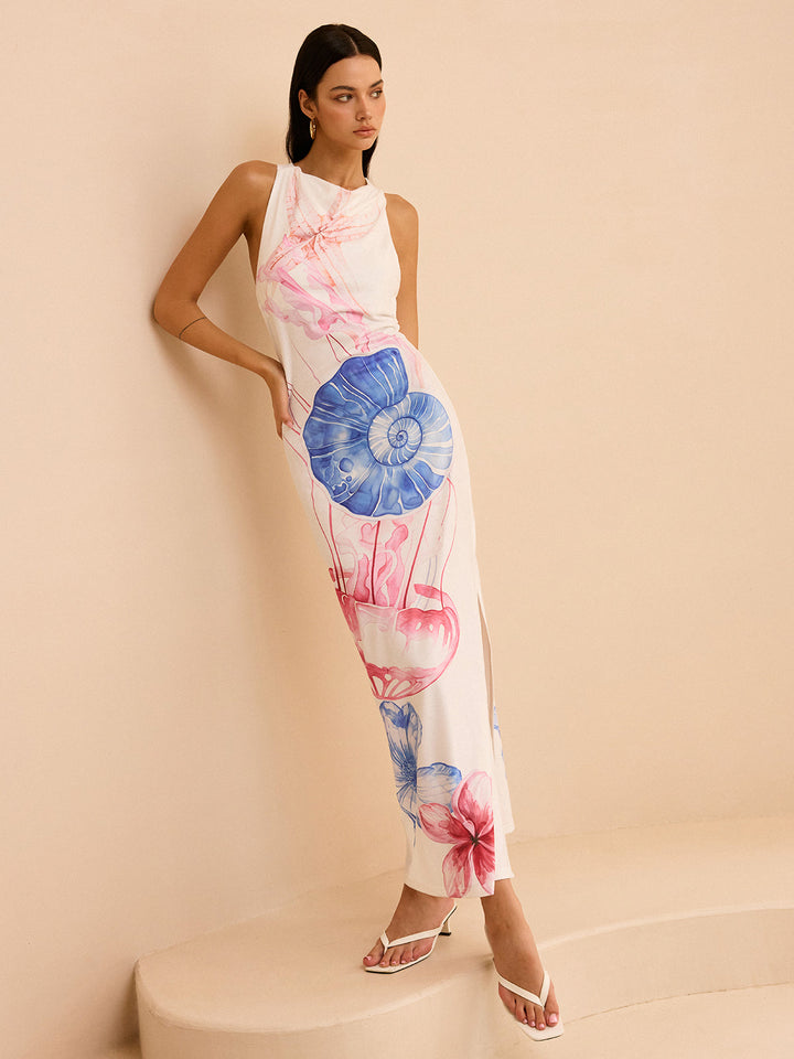 Semi-Sheer Ocean Print Maxi Dress with Slit  Liora Lane Boutique Dresses