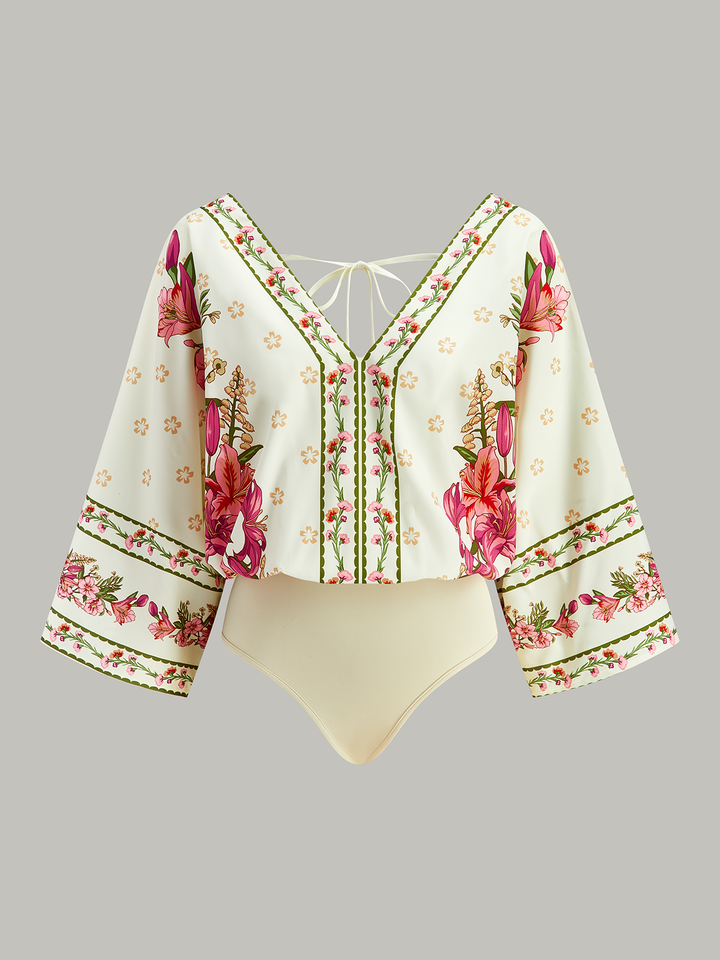 Floral Print V-Neck Tie-Back Bodysuit  Liora Lane Boutique Bodysuits