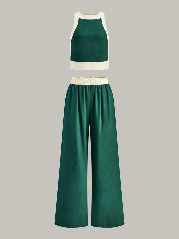 Contrast Trim Crop Top and Wide-Leg Pants Set  Liora Lane Boutique Pant Sets Green / XL 151.99