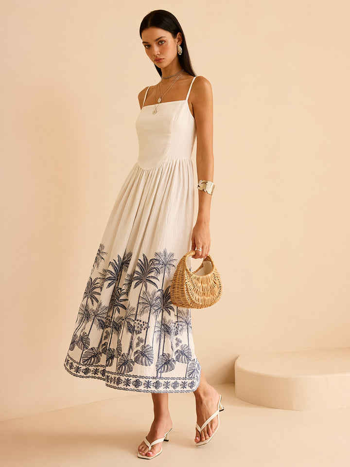 Semi-Sheer Tropical Palm Print Tie-Back Maxi Dress  Liora Lane Boutique Dresses White / XL 89.99
