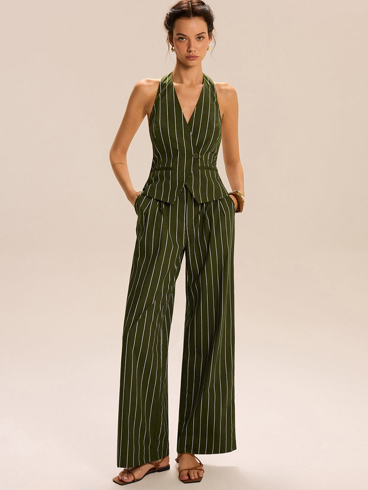 Striped Halter-Neck Vest and Wide-Leg Pants Set  Liora Lane Boutique Pant Sets ArmyGreen / XL 142.99