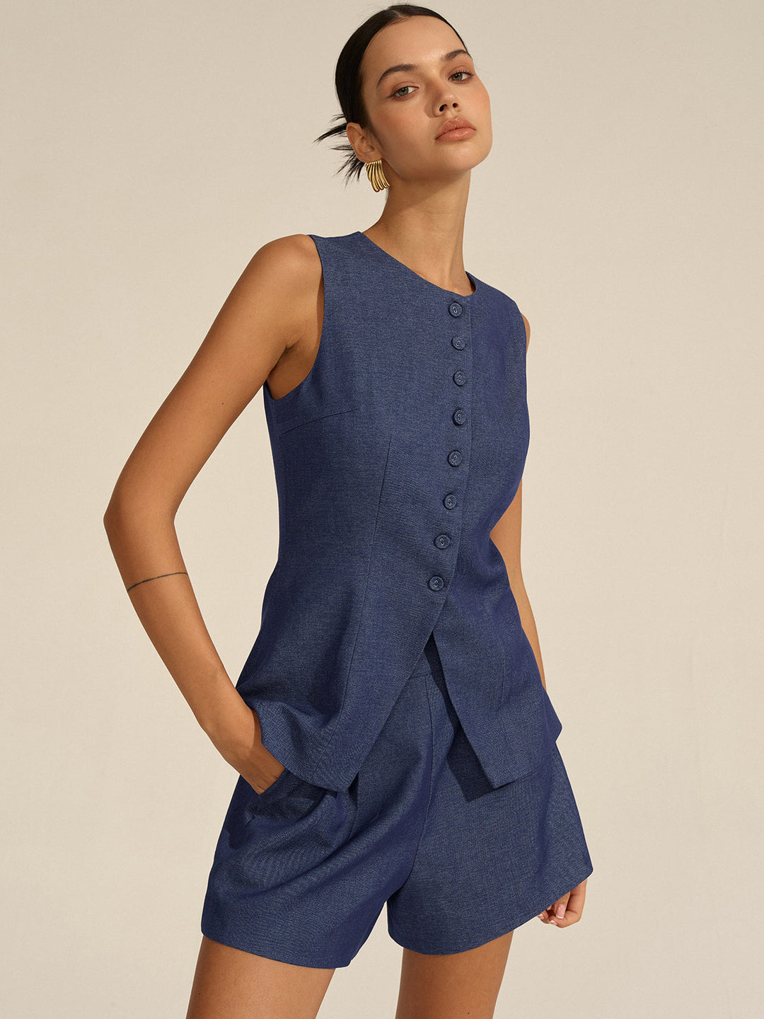 Sleeveless Button-Front Vest and Shorts Set  Liora Lane Boutique Short Sets
