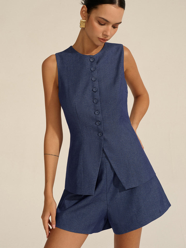 Sleeveless Button-Front Vest and Shorts Set  Liora Lane Boutique Short Sets