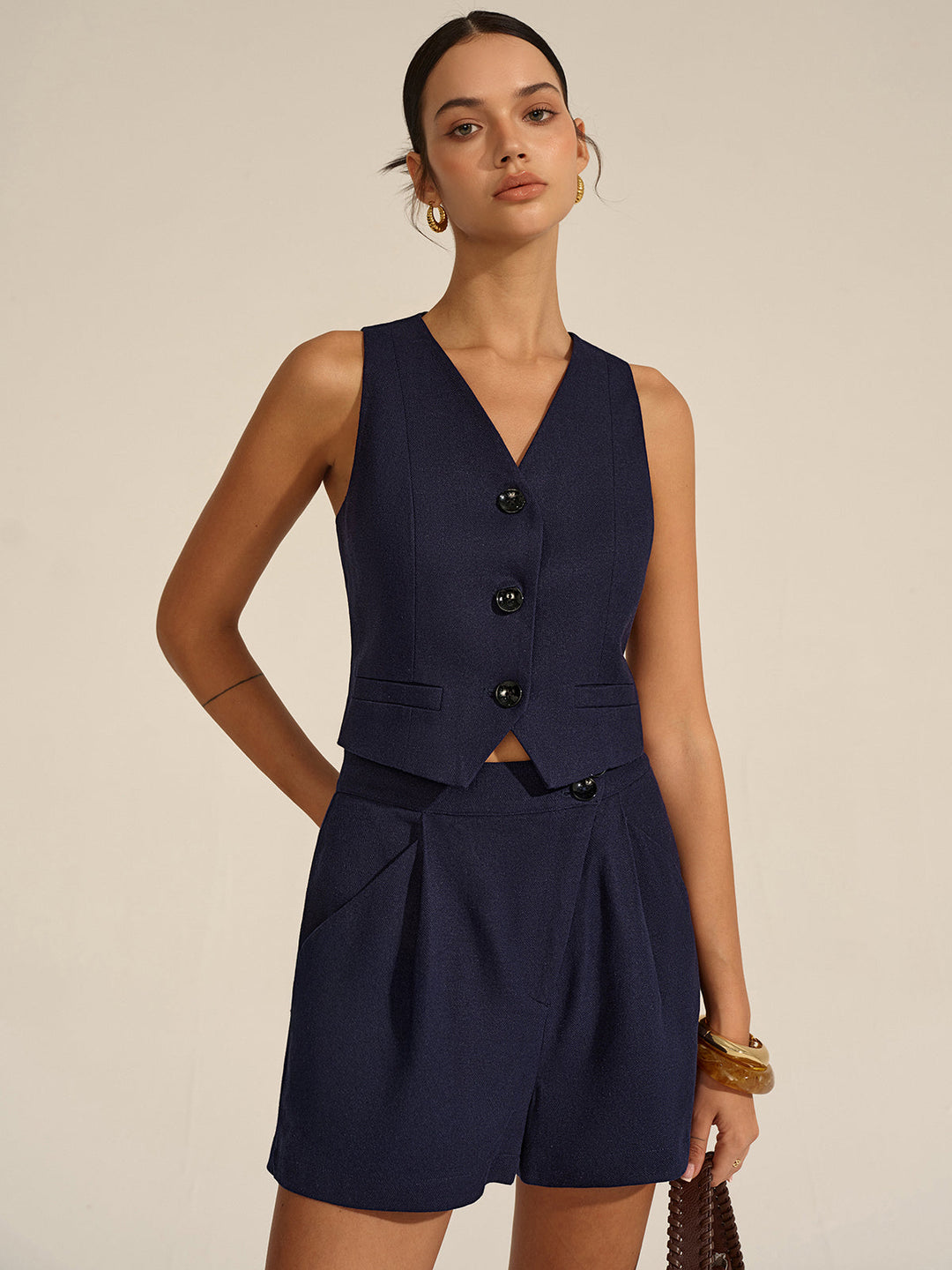 Sleeveless V-Neck Blazer Vest and Shorts Set  Liora Lane Boutique Short Sets