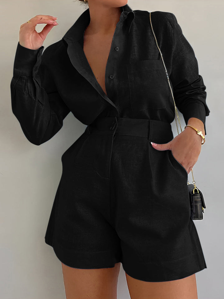 Long Sleeve Loose Shorts Set  Liora Lane Boutique Short Sets Black / XL 59.00