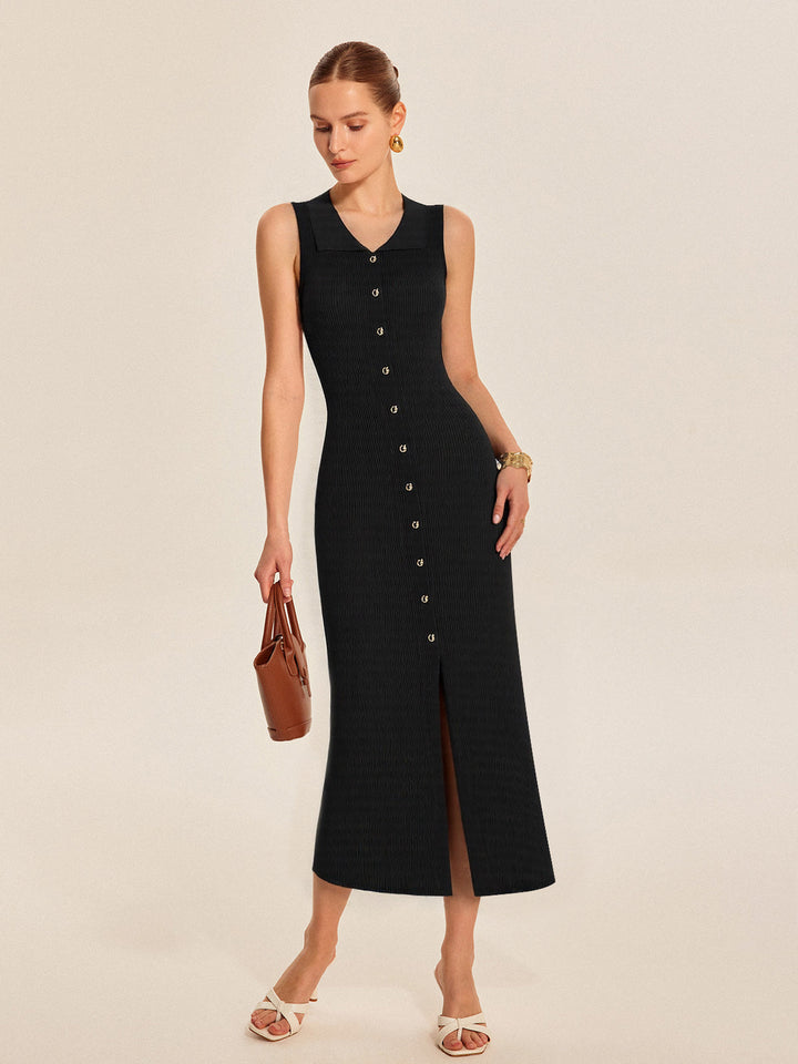 Ribbed Knit Button-Down Midi Dress  Liora Lane Boutique Sweater Dresses Black / XL 125.99
