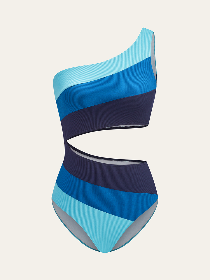 Asymmetrical Striped One-Shoulder Swimsuit  Liora Lane Boutique One-Pieces